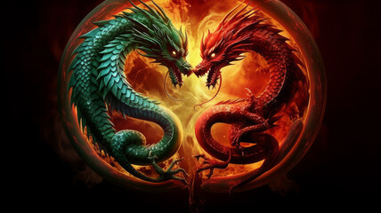 confrontation of two dragons green and red.