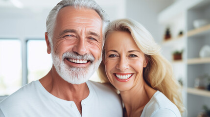 Obraz premium Happy senior couple in love hugging and bonding with true emotions at home. Generative AI.