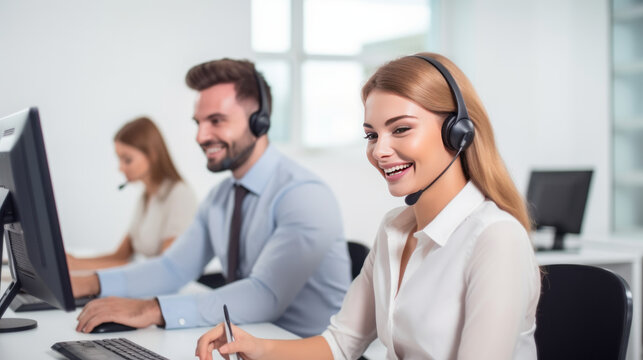 Smiling woman and man customer support operator with hands-free headset working in the office. Generative AI.