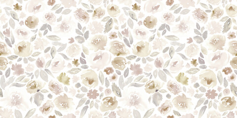 Watercolor floral in cream, beige and gray. Seamless pattern.  - obrazy, fototapety, plakaty