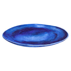 Blue flat ceramic plate. watercolor illustration isolated on transparent background. Designed for design printing postcards, menus, prints