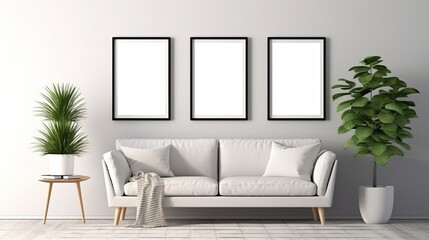 Mockup of paintings on a light wall above the sofa