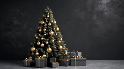 Christmas tree with gifts under it on a dark background