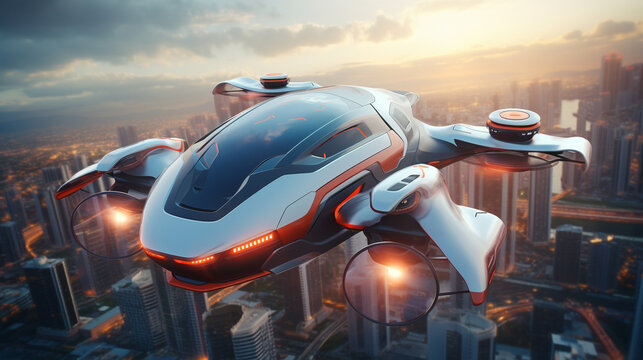futuristic private passenger drone flying above high building in city. modern  hi tech transportation. generative AI