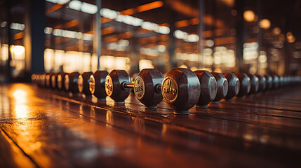 gym interior background of dumbbells on rack in fitness and workout room - obrazy, fototapety, plakaty