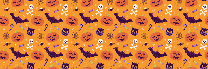 Halloween vector seamless pattern design with pumpkin, bat, cat and skull