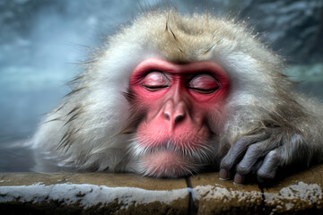 Japanese snow monkey sleeping in hot springs. Amazing wildlife. Generative Ai - obrazy, fototapety, plakaty