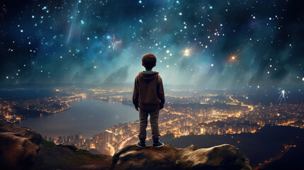Fototapeta premium girl at cliff with starry sky over city lights boom as background,