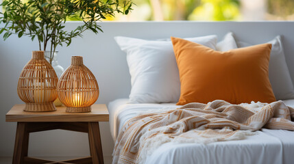 Brown and orange pillows on white bed in natural bedroom interior with wicker lamp and wooden bedside table with vase.