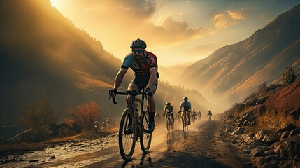 Fototapeta na wymiar Cycling competition, cyclist athletes riding a race at high speed on mountain road, Sportsmen bikes in the morning