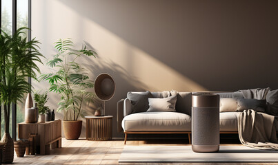 White modern design air purifier, dehumidifier in beige brown wall bedroom