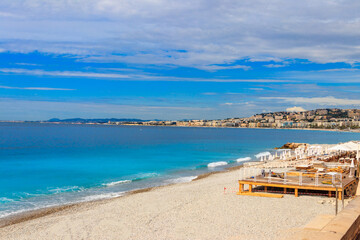 View of the beach near the Promenade des Anglais in Nice, France