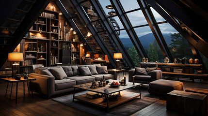 modern attic loft interior.