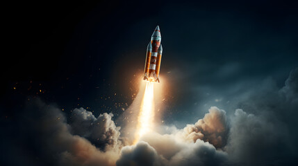 Obraz premium Orange rocket, Startup, Breakthrough, Innovation, Symbolic, Launch, Liftoff, Space exploration, Rocket ship, Spacecraft, Adventure, Journey, Space travel, Cosmic, Space mission, Science fiction, Outer