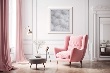 A pink armchair in a white living room is positioned above a framed vertical poster. mock up toned double exposed image. Generative AI