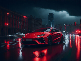 Fototapeta na wymiar Red car driving through the storm in the city. Futuristic smart car technology. Generate Ai