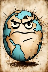 Poster depicting a caricature of a globe with a sad face due to the harm humans have done to it. The poster is old and worn with a distressed and grunge texture. (AI-generated fictional illustration)
