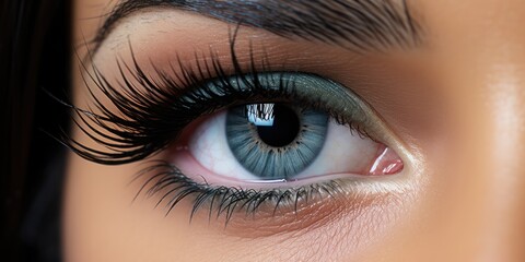Obraz premium Open female green eye with makeup with brown eyebrows and black lashes, generative ai