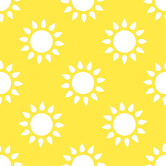 Sun seamless pattern. White vector stylized elements on yellow background. Best for textile, wallpapers, home decoration, wrapping paper, package and web design.