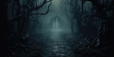 Path through a dark forest autumn fog at night, generative ai