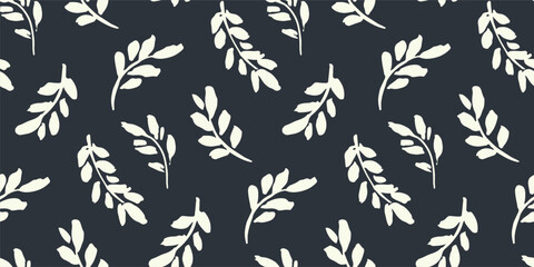 Seamless botanical pattern, modern print design with sketch leaves. Abstract background, ornament with hand drawn plants: white foliage silhouettes on a dark black surface. Vector illustration.