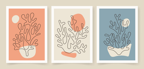 Abstract coral posters. Contemporary organic shapes minimalist in Matisse style, graphic vector illustration