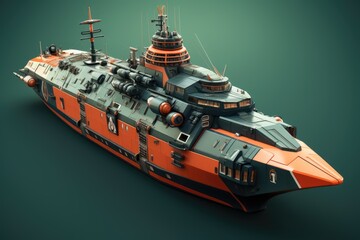 3d illustration warship on orange background