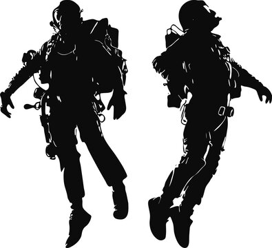 man flying using jet pack silhouette, futuristic technology