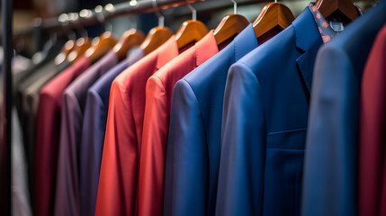 colorful shirts and suits on hangers