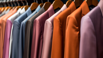 colorful shirts and suits on hangers