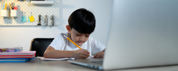 Asian Kid Boy Focused on Homework and Learning Alone in Room at Home, Serious Asian Kid Concentrating on Homework, Studying and Success, Homework and Education of Asian Kids Concept in Banner Size.