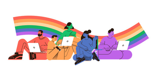 colorful people with lgbt rainbow flag using laptops gay lesbian love parade pride festival transgender love concept