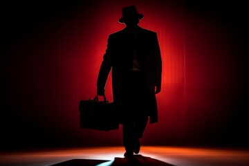 A silhouette of a fedora-wearing mafia hitman, holding a briefcase, as he walks into the shadows, symbolizing danger and clandestine dealings. Generative AI