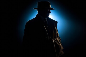 A silhouette of a fedora-wearing mafia hitman, holding a briefcase, as he walks into the shadows, symbolizing danger and clandestine dealings. Generative AI - obrazy, fototapety, plakaty