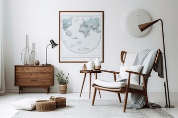 A retro and minimalist living room interior composition featuring a design armchair, a mock up map poster, a lamp, a decoration, a white wall, and individual accessories. Template. modern interior des