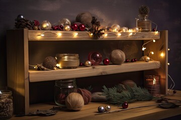 Obraz na płótnie Canvas A wooden shelf with holiday decorations. Christmas and New Year's decorations. Generative AI