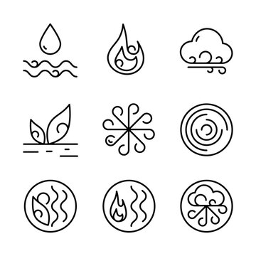 Ayurvedic elements water, fire, air, earth and ether icons isolated on white.