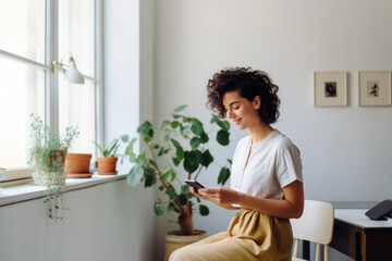 Woman with Phone by Window in brightly lit Modern Home with Potted Plants
