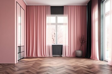 a room that is empty and has a pink wall, a herringbone wooden floor, a black frame window, and drapes. Generative AI