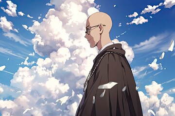 saint Maximilian Kolbe, anime version with clouds in background, illustration, generative ai