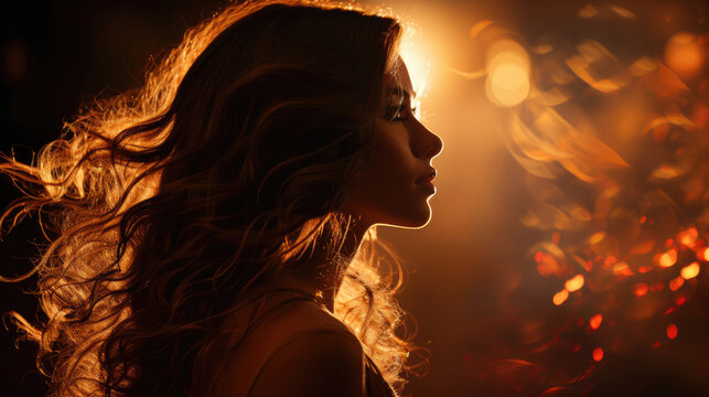 Silhouette of woman's head with waving hair, back light.