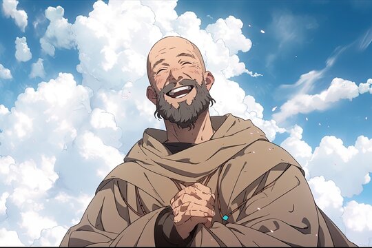 saint Francis, anime version with clouds in background, illustration, generative ai