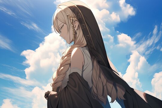 saint Monica, anime version with clouds in background, illustration, generative ai