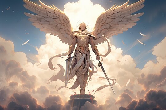 saint Michael The Archangel, anime version with clouds in background, illustration, generative ai