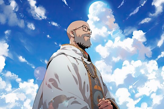 saint Maximilian Kolbe, anime version with clouds in background, illustration, generative ai