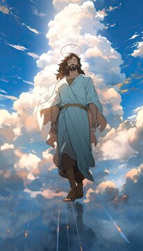 Jesus Christ, anime version with clouds in background, illustration, generative ai