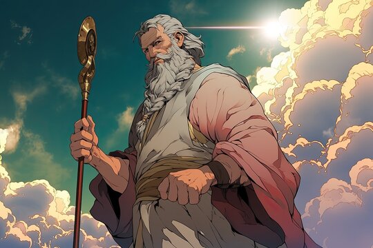 saint Andrew the Apostle, anime version with clouds in background, illustration, generative ai