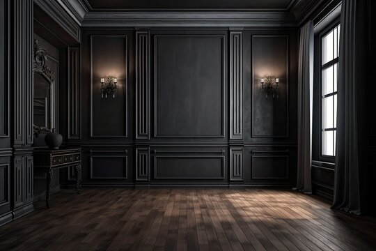 A wood floor and a modern classic black interior wall with moldings, curtains, and a hidden entrance. mock up for an illustration. Generative AI
