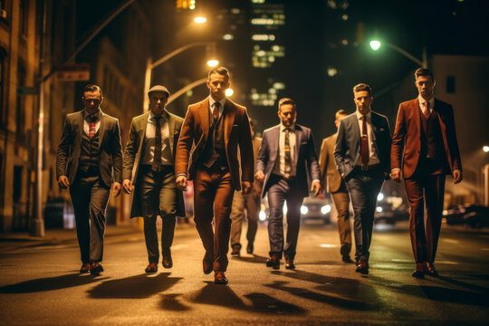A group of sharp-dressed mobsters walking down a city street at night, casting dramatic shadows as they assert their dominance. Generative AI