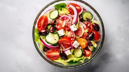 Fototapeta na wymiar Greek salad with fresh vegetables, feta cheese and kalamata olives. Healthy food Generative AI
